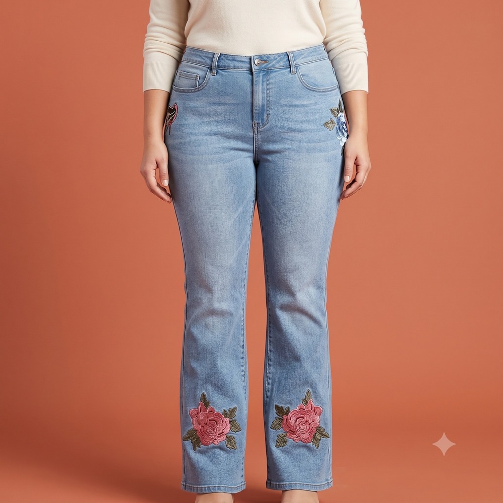 Venus Floral Bird Embroidered Flare Jeans Women 20 Light Wash Plus Boho EUC